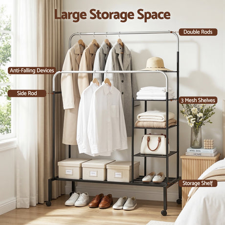 Portarlington Double Rod Clothes Rack, Silver and Black