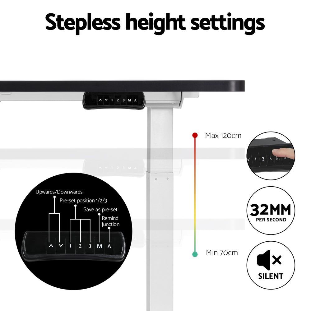 Manuka black electric standing desk with white frame in a home office