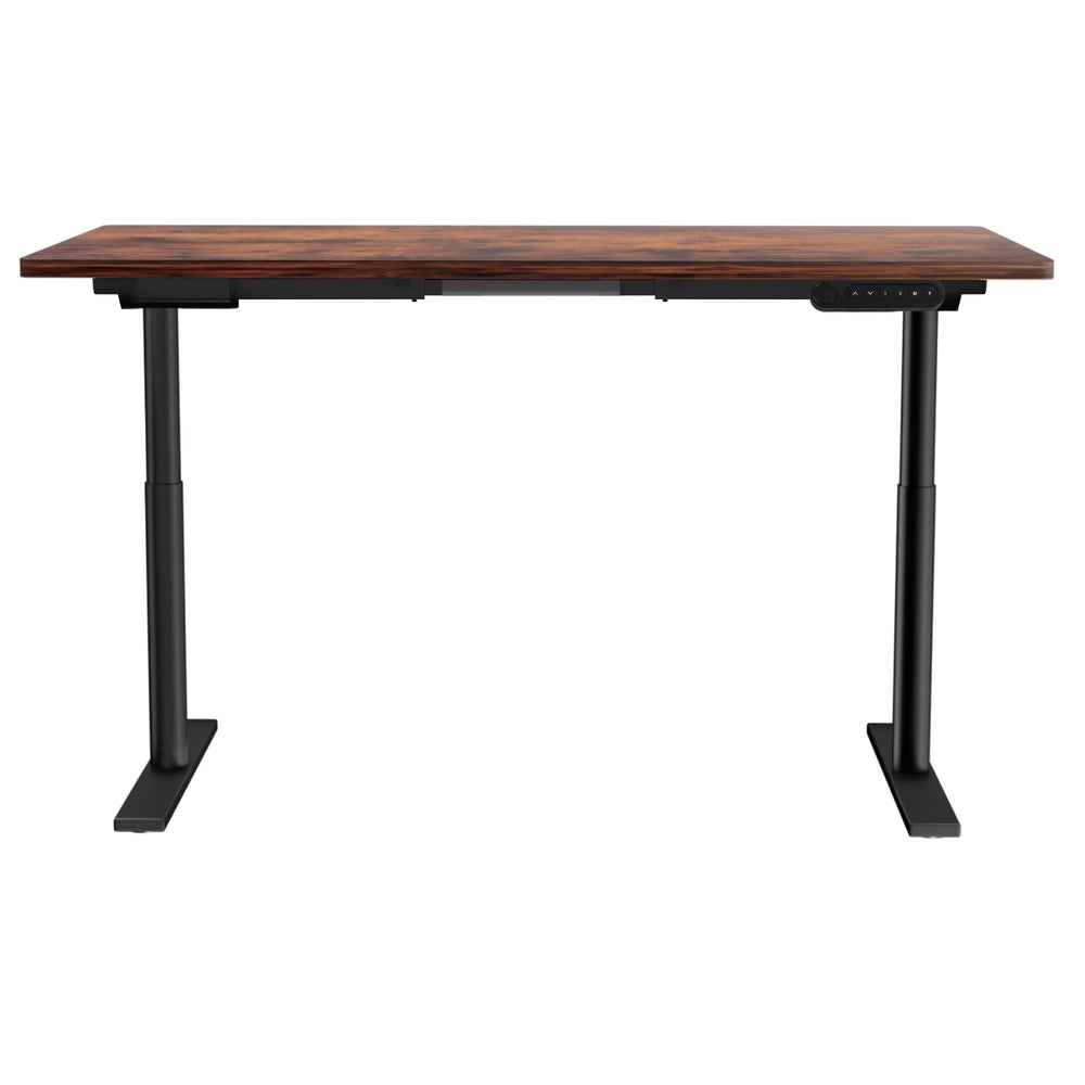 Braddon rustic brown electric standing desk with black frame in a home office