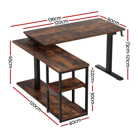 Forrest rustic brown L shaped corner electric standing desk in a home office