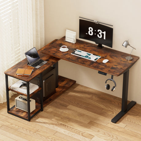 Forrest rustic brown L shaped corner electric standing desk in a home office