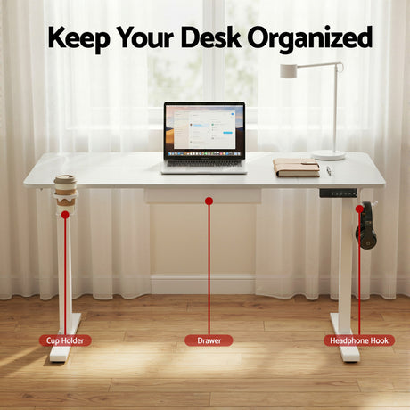 Yarralumla white electric standing desk with drawer in a home office