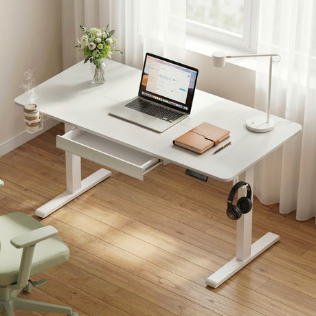 Yarralumla white electric standing desk with drawer in a home office