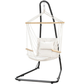 Antigua cream hammock chair with timber armrests and powder coated steel stand poolside