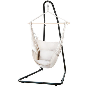 Tobago cream cotton blend hammock chair with powder coated steel stand in a living room