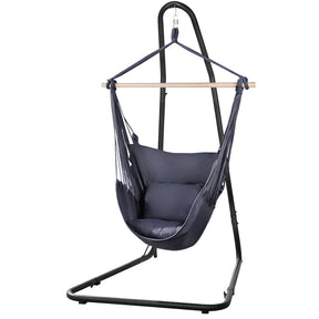 Tobago grey cotton blend hammock chair with powder coated steel stand on a patio
