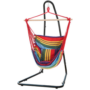 Tobago rainbow cotton blend hammock chair with powder coated steel stand in a sunlit garden