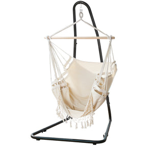 Barbados cream hammock chair with timber rail and powder coated steel stand by the pool