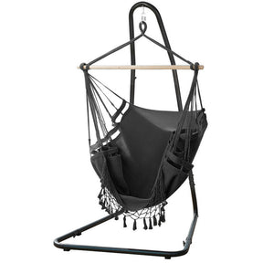 Barbados grey hammock chair with timber rail and powder coated steel stand on a verandah