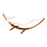 Bayo cream hammock bed on curved larch timber stand
