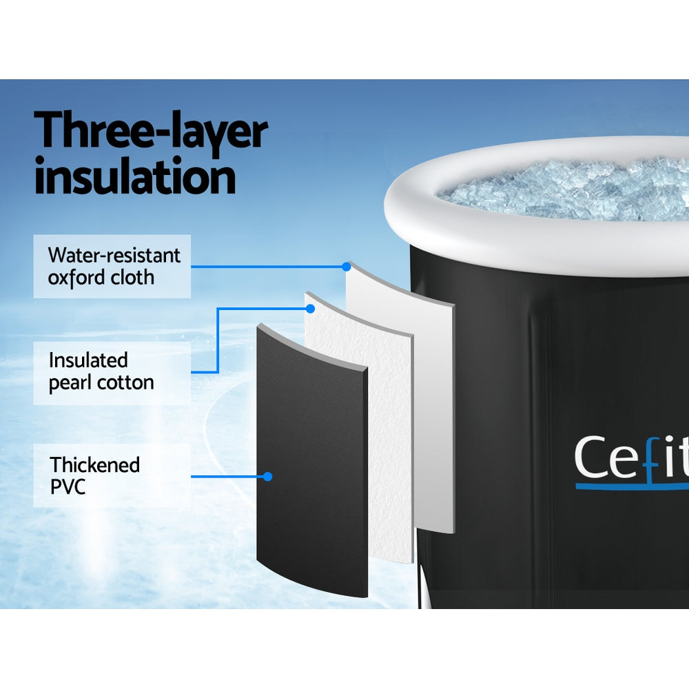 Black portable ice bath tub drain tap and hose detail