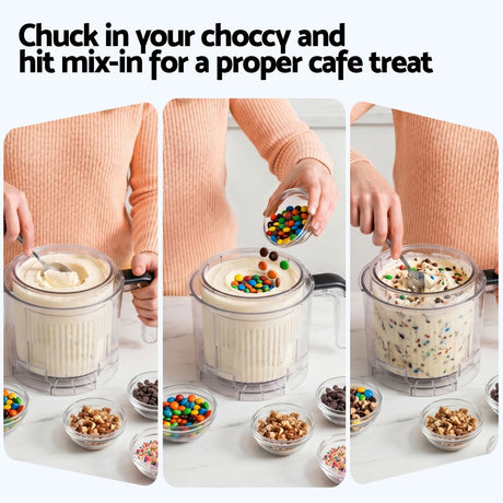 Mix In mode folding chocolate chips through homemade ice cream