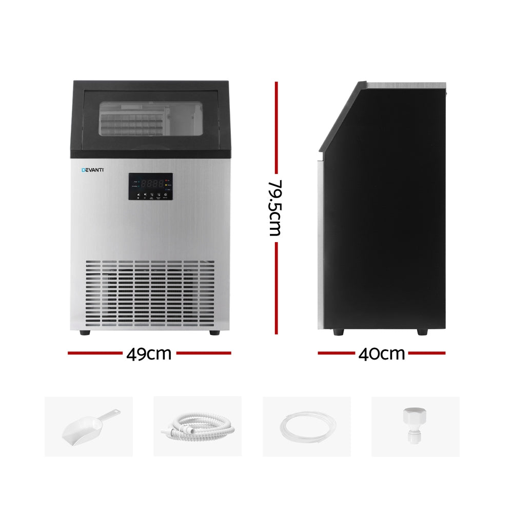 Stainless steel commercial ice maker with door open showing ice bin