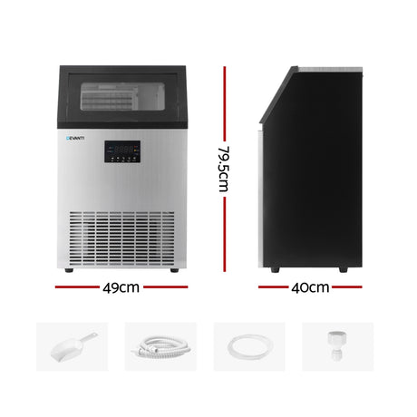 Stainless steel commercial ice maker with door open showing ice bin