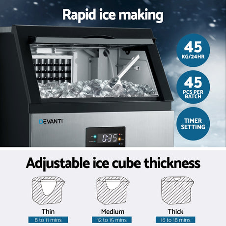 Side profile of the commercial ice maker showing stainless steel casing