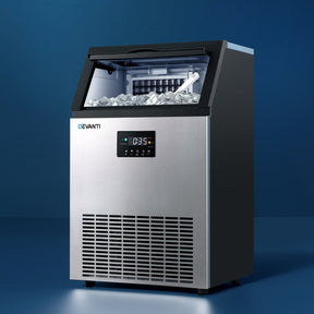 Commercial ice maker in stainless steel and black, 45 kg per day output, front view