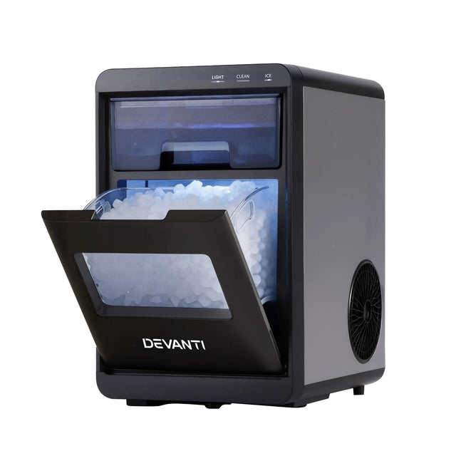 Stainless steel nugget ice maker with illuminated viewing window, front view