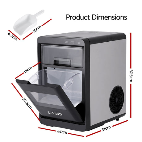 Silver 20 kg nugget ice maker on a benchtop beside glasses of ice