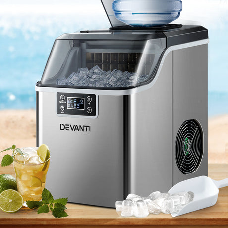 Stainless steel countertop ice cube maker with viewing window, front view
