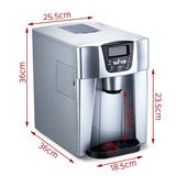 Countertop ice maker and water dispenser shown at an angle in silver
