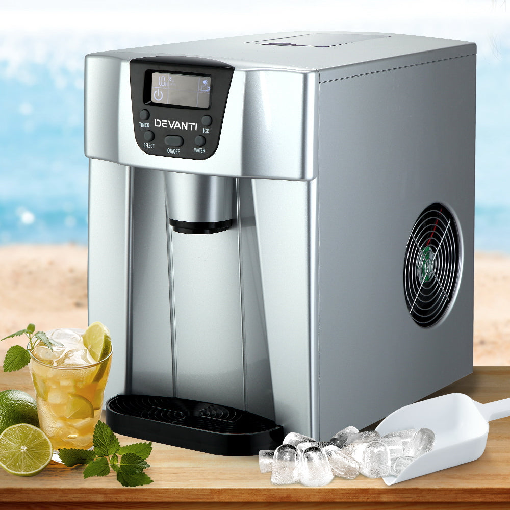 Silver portable ice maker and water dispenser, front view with dispenser tap
