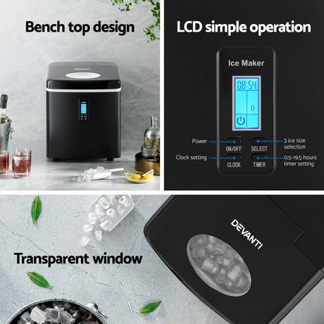 Three ice cube sizes produced by the portable ice maker