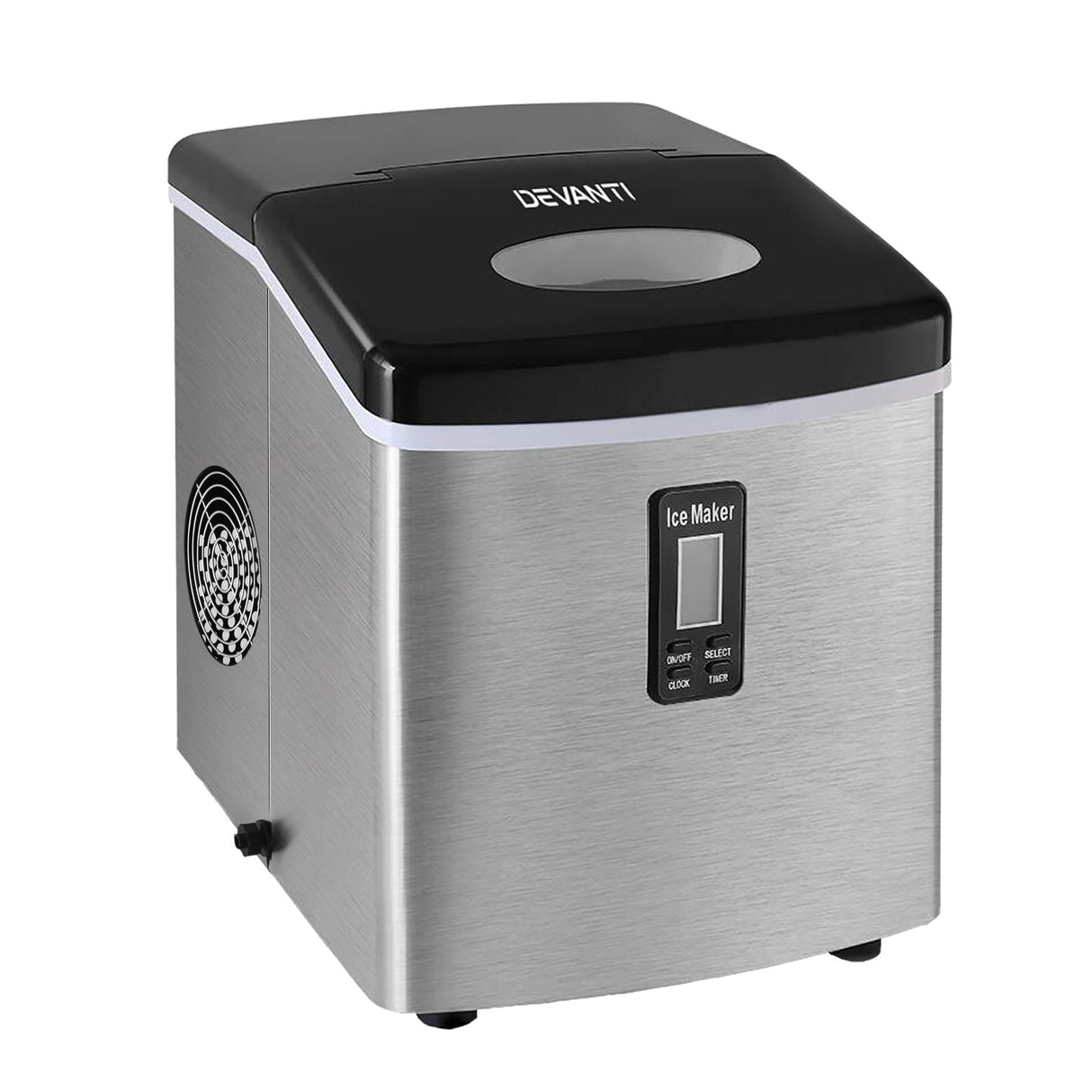 Silver stainless steel countertop ice maker making 15 kg of ice per day