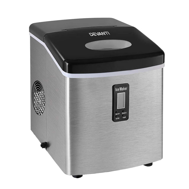Silver stainless steel countertop ice maker making 15 kg of ice per day