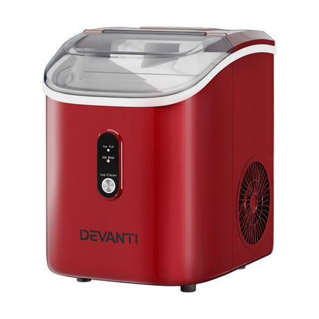 Red portable nugget ice maker with transparent viewing window, front view