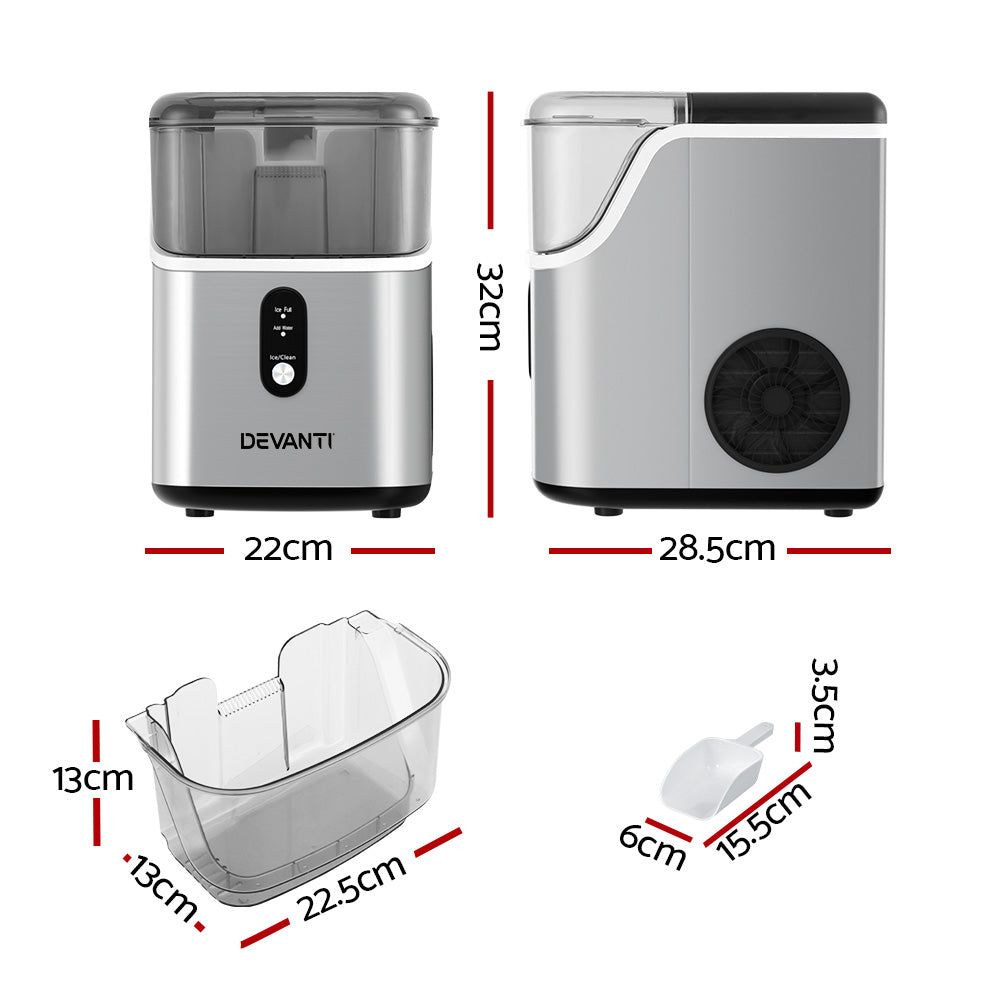 Silver nugget ice maker on a kitchen benchtop beside a glass of ice