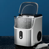 Stainless steel nugget ice maker with transparent viewing window, front view