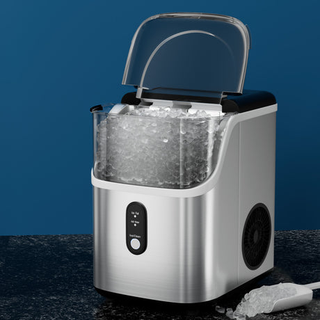Stainless steel nugget ice maker with transparent viewing window, front view
