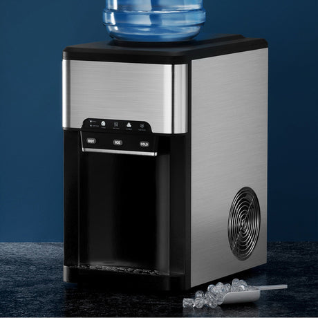 Silver stainless steel 3 in 1 ice maker and hot and cold water dispenser, front view