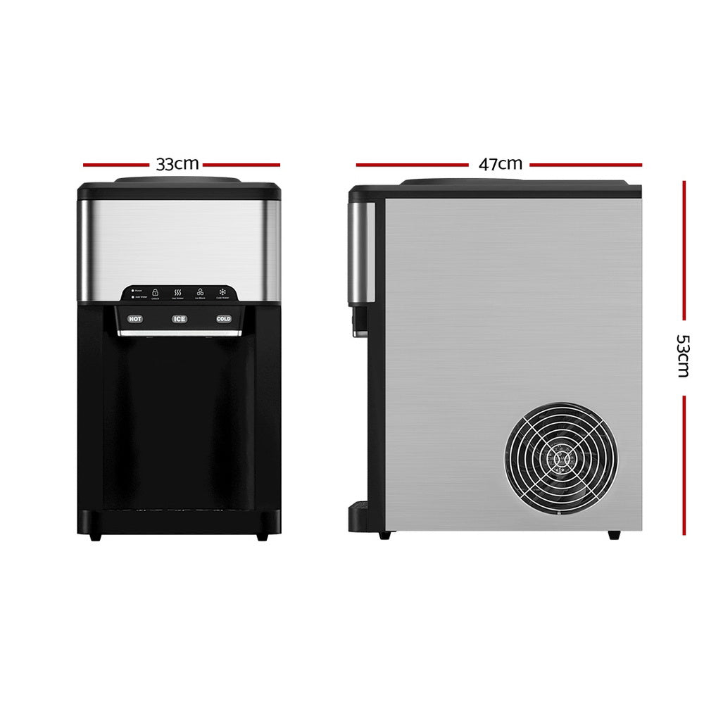 Countertop ice maker and water dispenser shown at an angle in silver