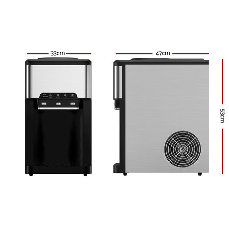 Countertop ice maker and water dispenser shown at an angle in silver