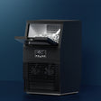 Black benchtop commercial ice maker, front view with inspection window