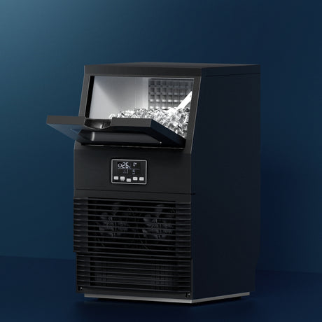 Black benchtop commercial ice maker, front view with inspection window