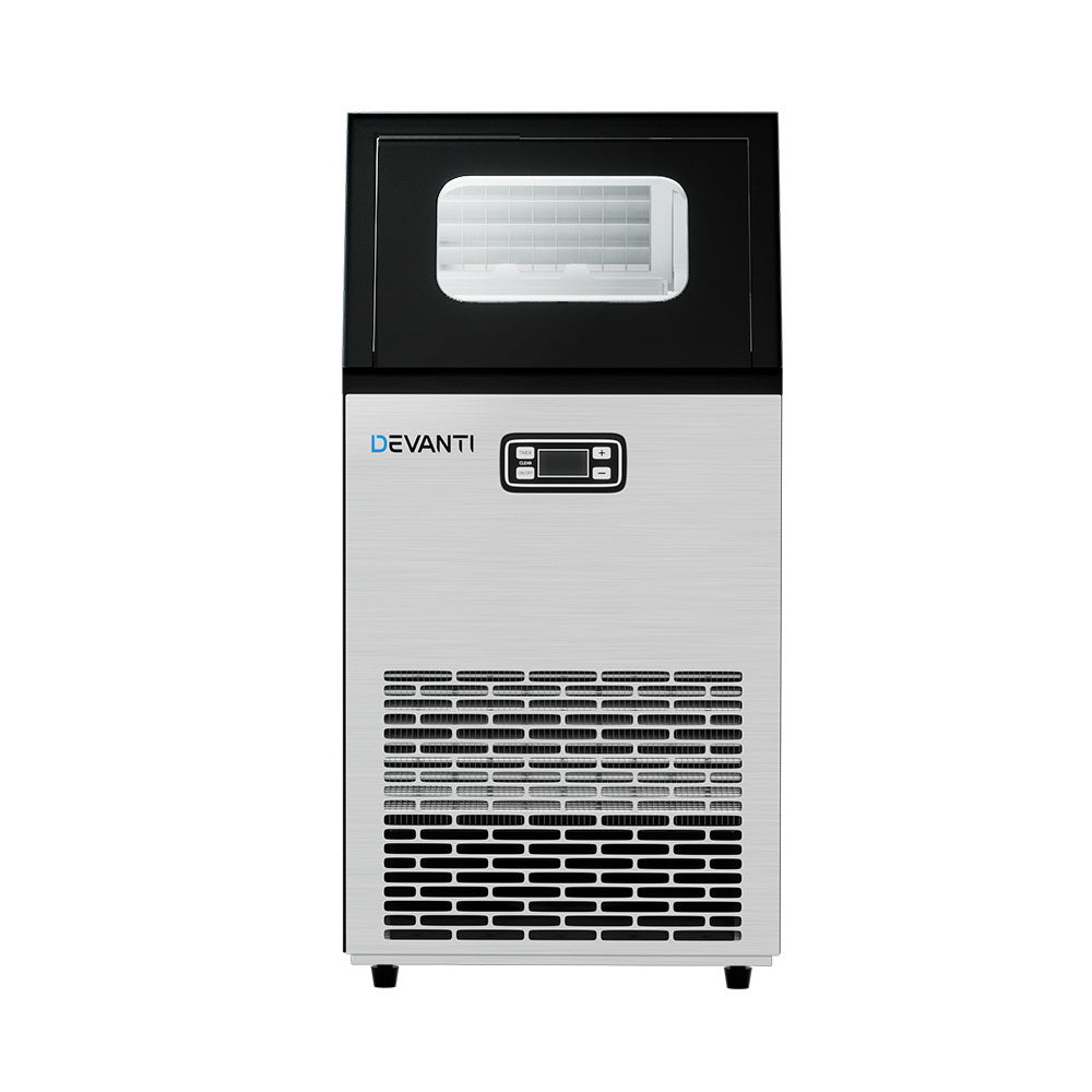 Ice maker with door open showing the 13 kg ice bin