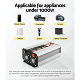 Power Inverter, 1000W Pure Sine Wave 12V to 240V