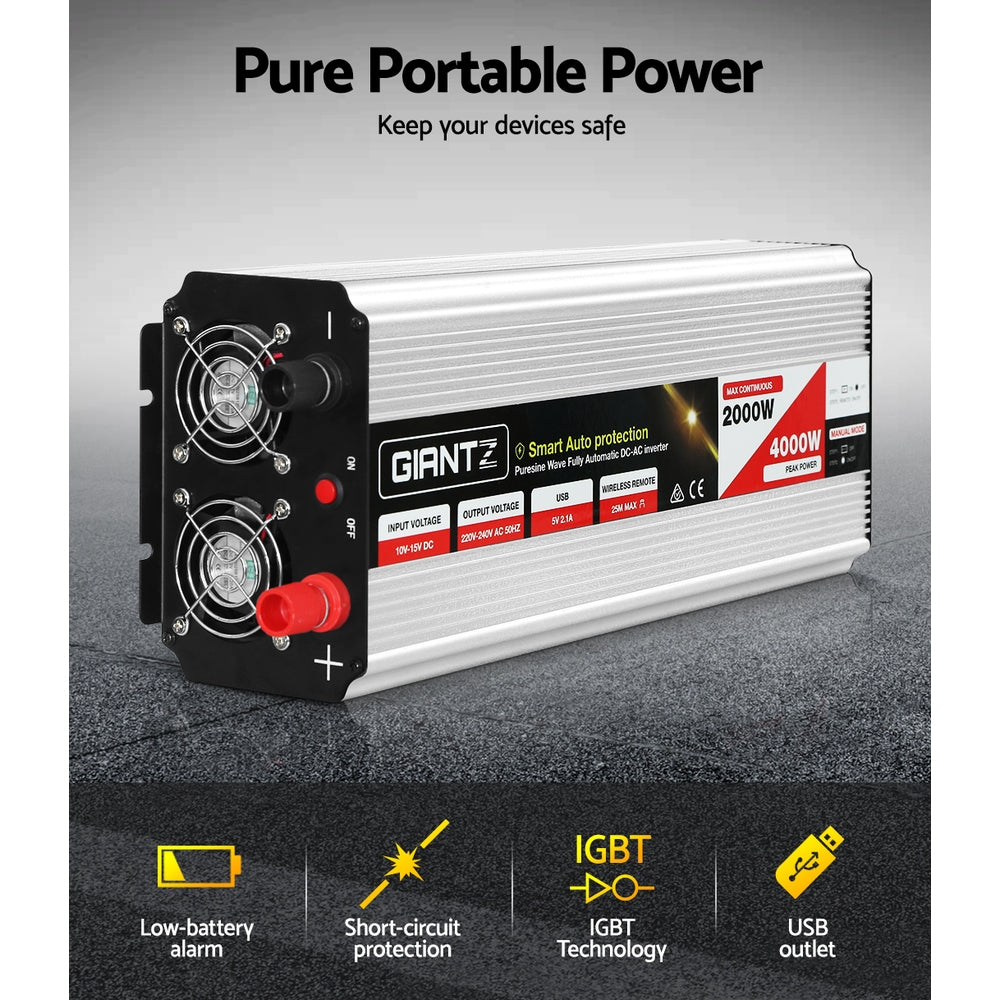 Power Inverter, 2000W Pure Sine Wave 12V to 240V
