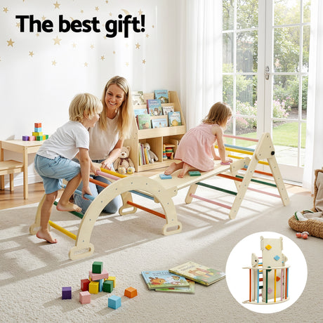 Wooden climbing set in use