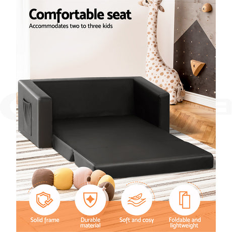 Keezi Kids 2-Seater PU Leather Sofa — Flip Open Couch, Black — Allure Home Collections