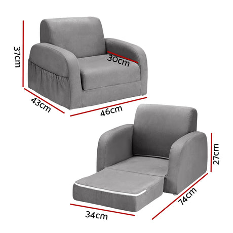 Keezi Kids 1-Seater Sofa — 3-in-1 Flip Open Couch and Lounger, Soft Grey — Allure Home Collections