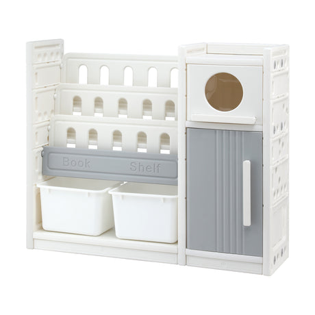 White and grey kids bookshelf with three open shelves, two toy bins and two cabinets