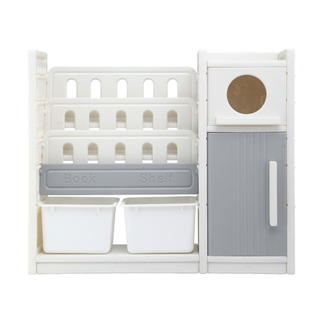 White and grey kids bookshelf with three open shelves, two toy bins and two cabinets