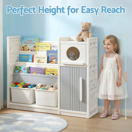 White and grey kids bookshelf with three open shelves, two toy bins and two cabinets