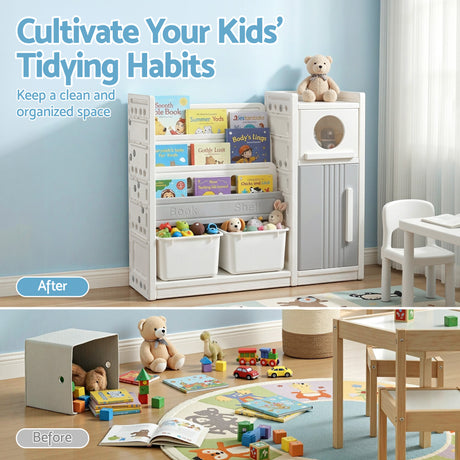 White and grey kids bookshelf with three open shelves, two toy bins and two cabinets