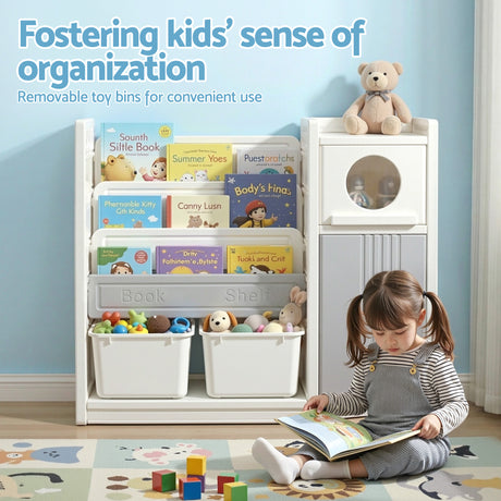 White and grey kids bookshelf with three open shelves, two toy bins and two cabinets