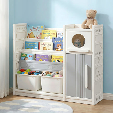 White and grey kids bookshelf with three open shelves, two toy bins and two cabinets