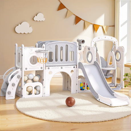 4 in 1 Slide and Swing Play Centre with Basketball Hoop, Grey and White